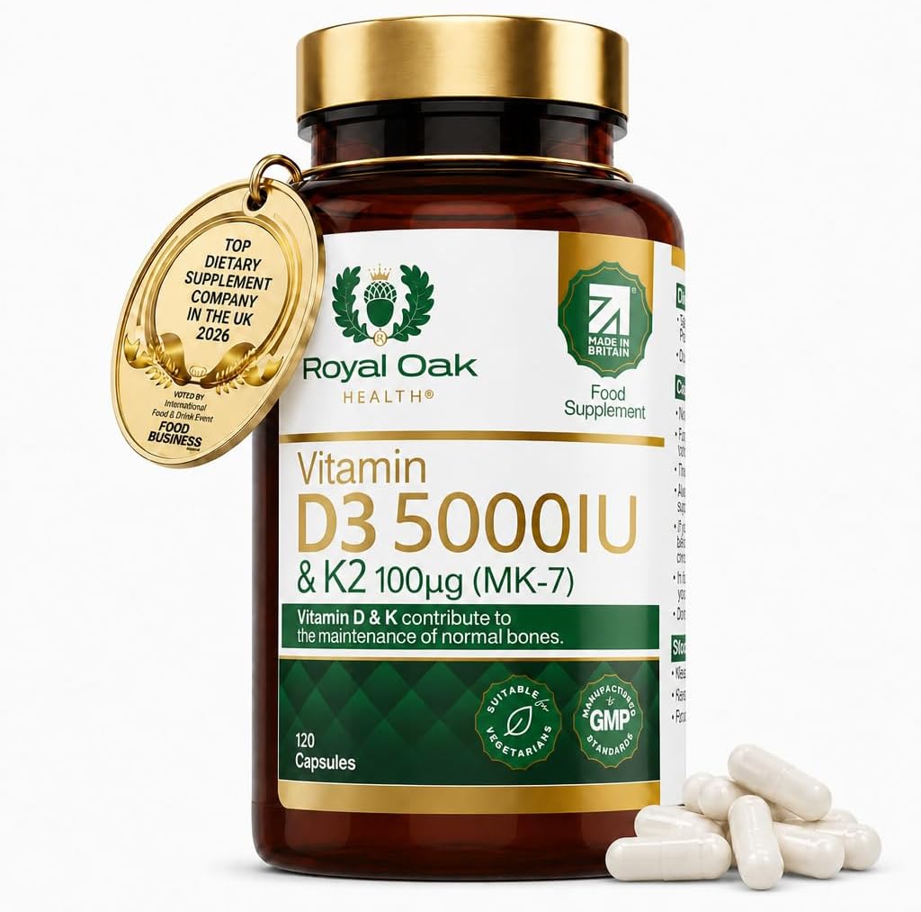 Vitamin D3 5000 IU & Vitamin K2 100mcg (MK-7) x120 Capsules - High Strength Vitamin D & K2 Supplement for Men & Women, Made in the UK by Royal Oak Health
