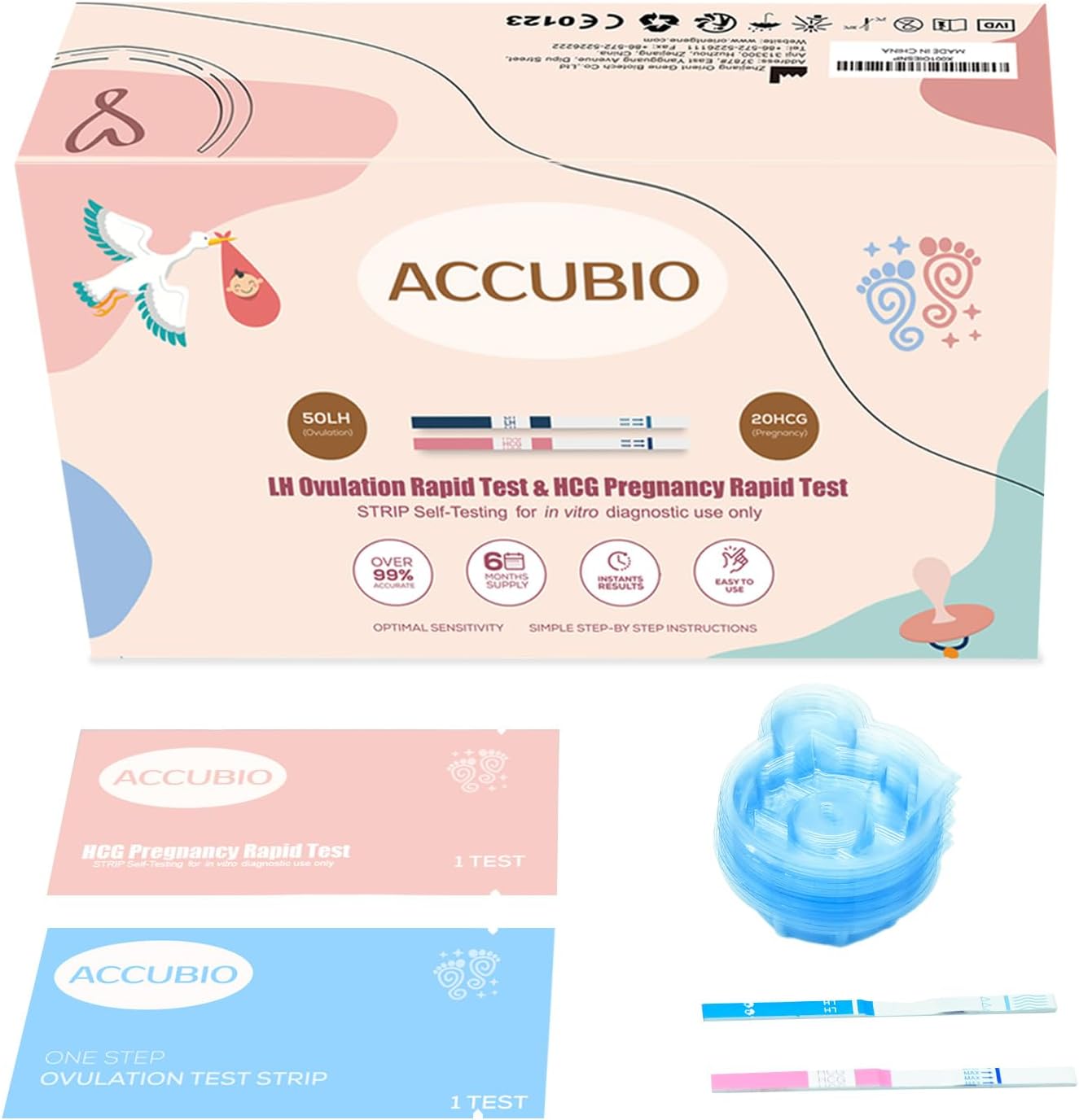 ACCUBIO 50 Ovulation and 20 Pregnancy Test Strips Combo Kit, Over 99% Accurate Fertility Test, 5mm LH and HCG Predictor Kit, with 70 Free Urine Cups
