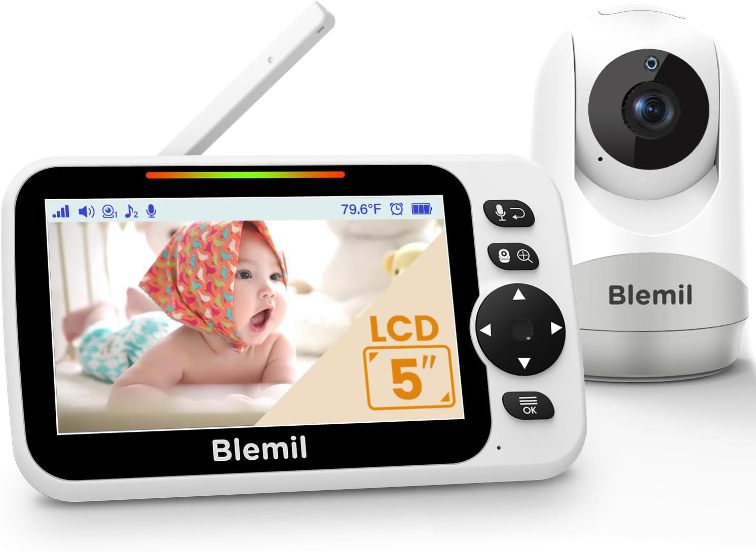 Blemil 5" Split-Screen Baby Monitor with 30-Hour Battery, Large Video Baby Monitor with Camera and Night Vision, Remote Pan/Tilt/Zoom Camera, Two-Way Talk, Lullabies, No WiFi,Up to 1000ft