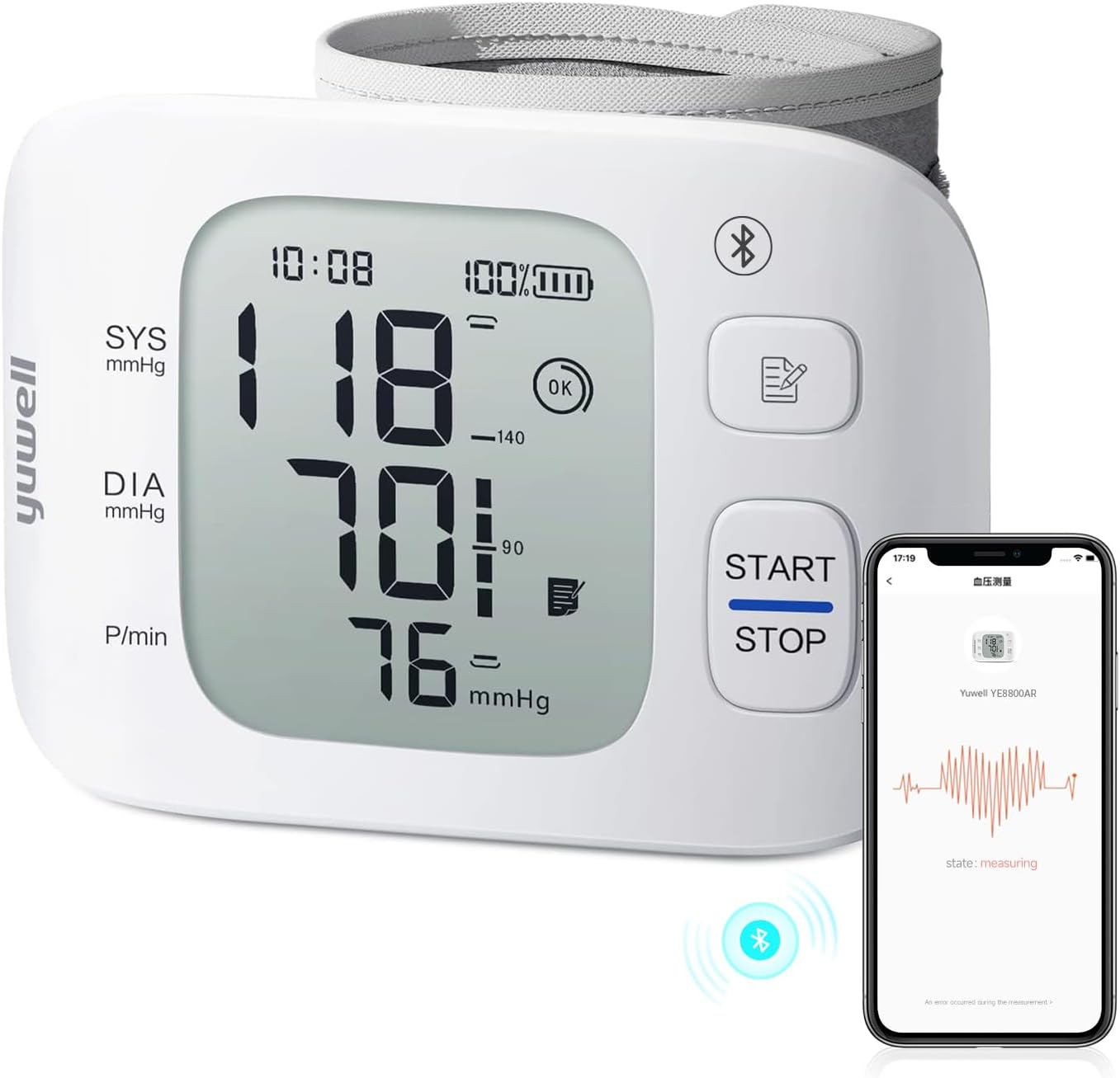yuwell Smart Rechargeable Wrist Blood Pressure Monitors for Home Use, Large Blood Pressure Cuff Wrist, BP Machine with Irregular Heartbeat and Voice Function, Including Travel Case(YE8800AR)