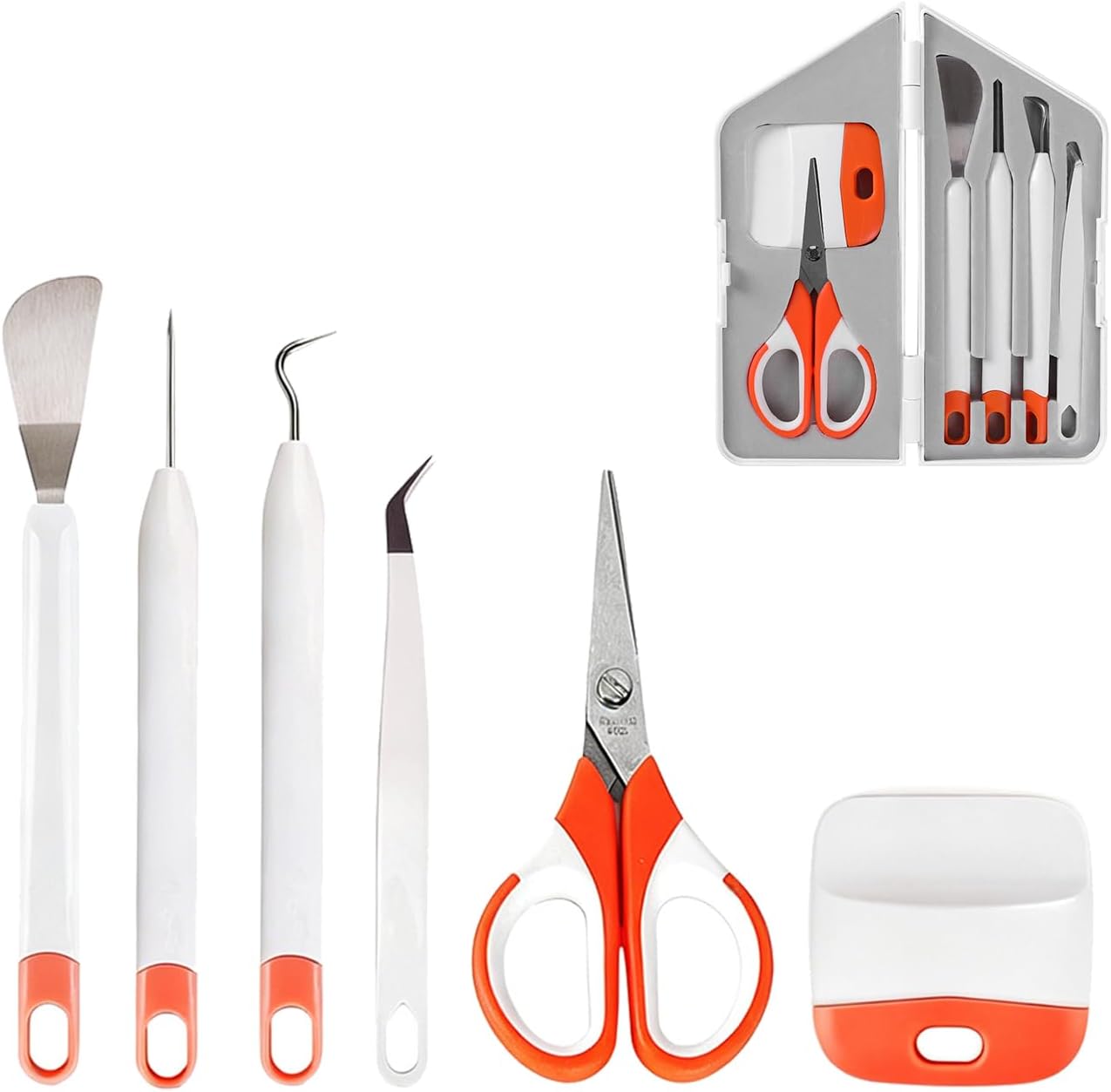 Craft Vinyl Weeding Tools Set + 1 Pcs Storage Box- 6PC Basic Kit for Cricut, Silhouette,Iron-on Projects, Cardstock Crafting,Vinyl Scissors with Cap/Piercing Tool/Weeder/Tweezers/Scraper