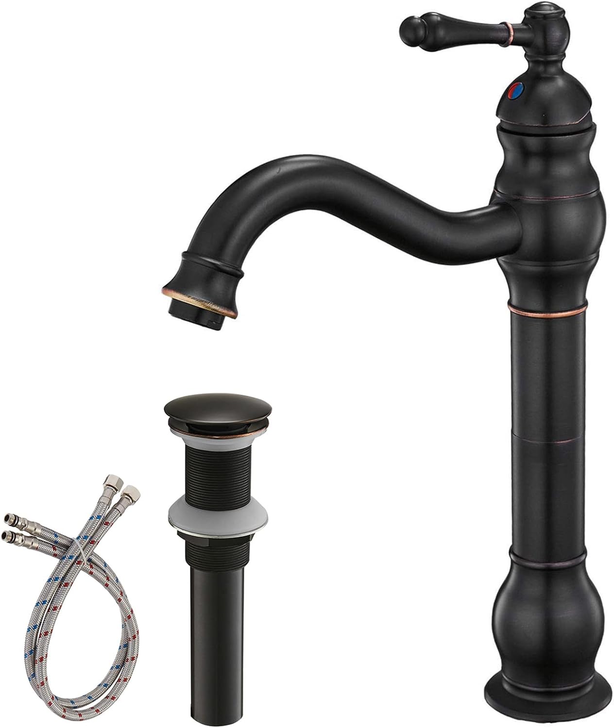 BWE 360° Swivel Bathroom Vessel Sink Faucet Oil Rubbed Bronze Single Handle One Hole Lavatory Mixer Tap with Pop Up Drain Assembly Without Overflow and Supply Line Tap Body