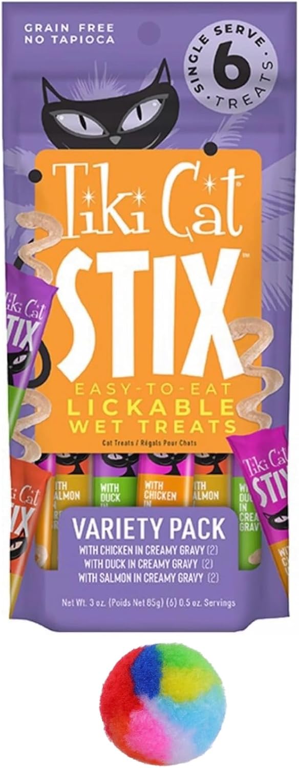 Tiki Cat Stix Wet Treats, Grain Free Lickable Smooth Mousse Blend in Creamy Gravy with Chicken, Duck and Salmon Variety Pack 6 Stix in 1 Pouch Plus 1 Cat Pom Pom Balls Toy