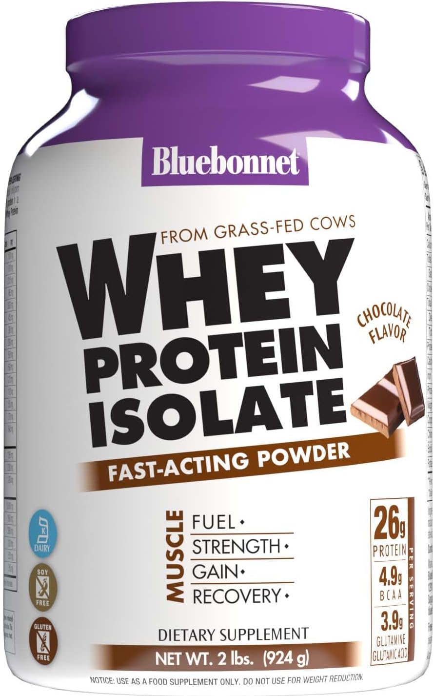 Bluebonnet Grass Fed Whey Protein Isolate 26 g Energy & Workout Recovery BCAA Amino Acids - Gluten-Free, Non-GMO, Soy-Free Chocolate Protein Powder for Women & Men - 28 Servings