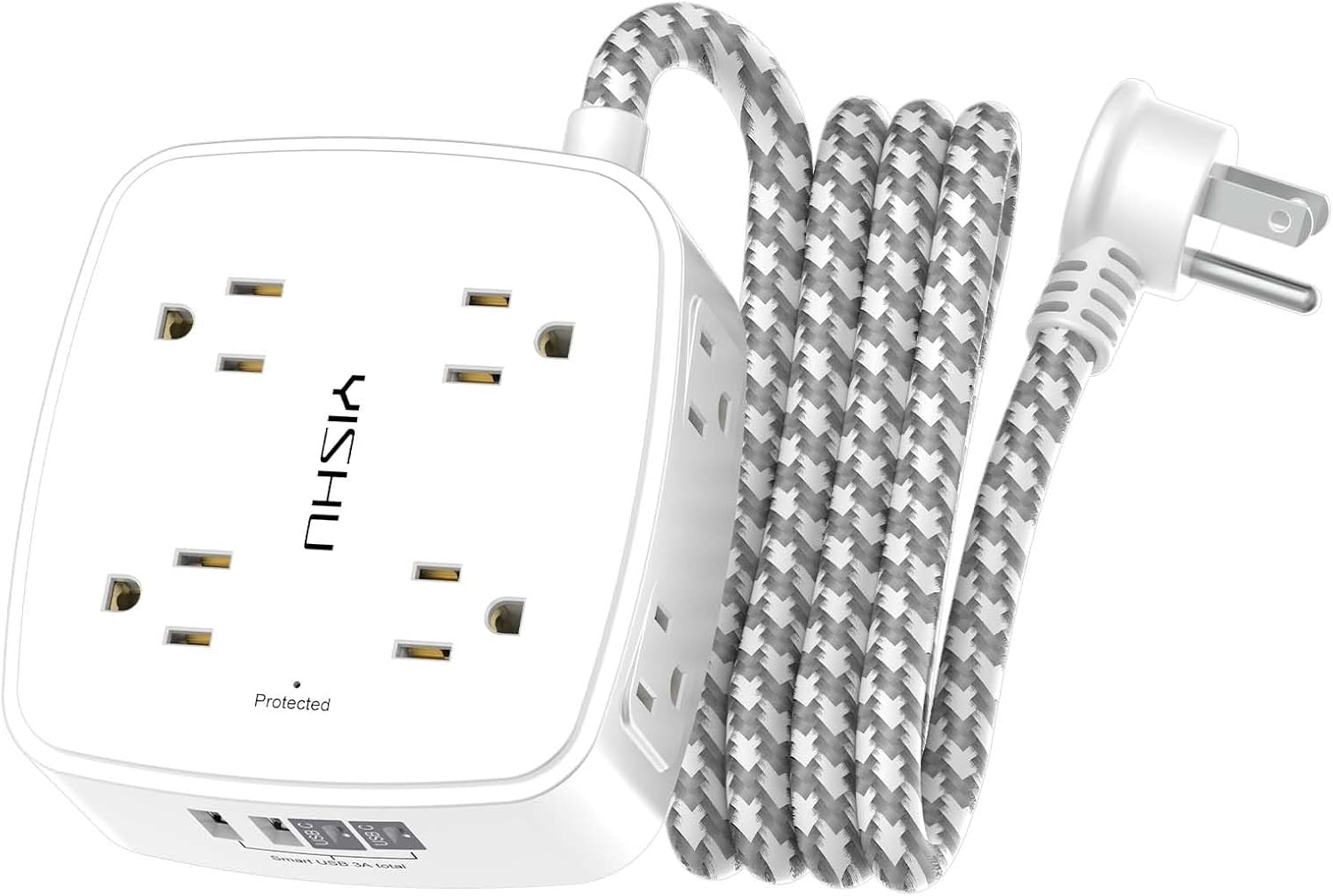 Surge Protector Power Strip - YISHU 8 Outlets with 4 USB (2 USB C) Charging Ports, 6Ft Braided Extension Cord, Flat Plug Multi Plug Outlet Extender Charging Station for Home Office, ETL, White