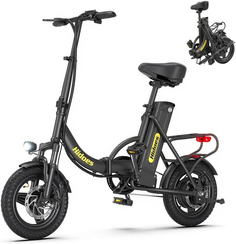 Hidoes C5 Folding Electric Bike for Adults/Teens,14" Portable E bike with Removable Battery 60KM Range Up to 25KM/H,Front Shock Absorber,Foldable Ebike with Rear Frame