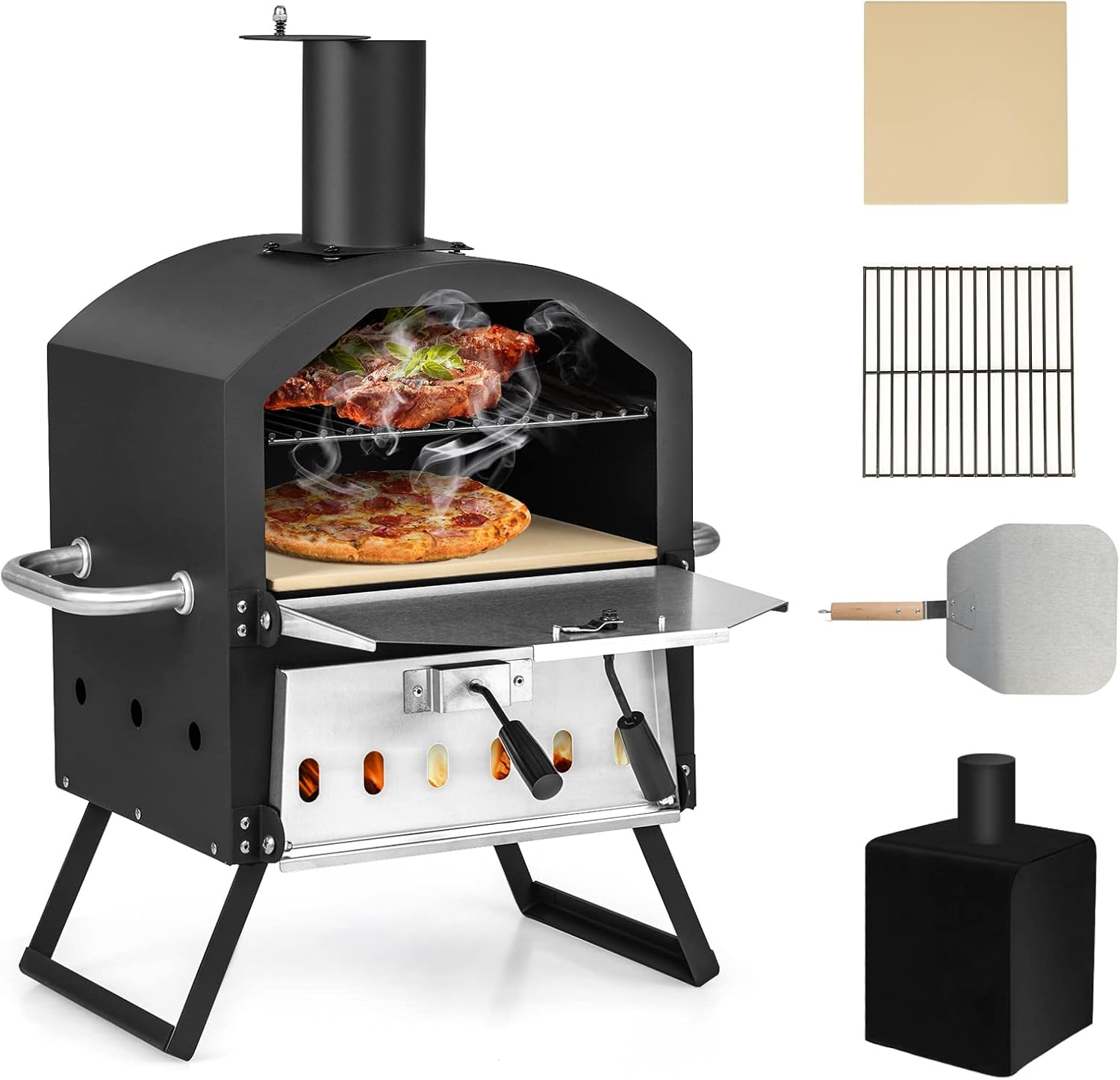 COSTWAY Outdoor Pizza Oven, 2-Layer Wood Fired Pizza Maker with Waterproof Cover, Anti-scalding Handles, Pizza Stone & Pizza Peel, Outside Pizza Cooker for Camping Picnic (54 x 31 x 72 cm, 1 Grill)