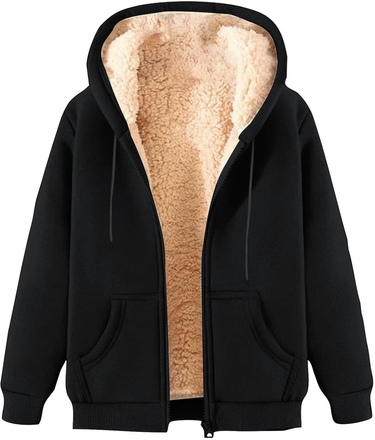 Winter Jackets for Men Full Zip Fleece Jacket Mens Teddy Bear Coat Winter Thick Warm Mens Jackets Round Neck Hoodie Solid Color Top Men Fluffy Loose Coats with Hood Outdoor Casual Outwear S-5XL