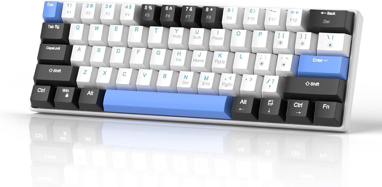 MageGee 60% Mechanical Gaming Keyboard with Brown Switches, Ice Blue Backlit Mini Compact 61-Key Mechanical Keyboard, Portable 60 Percent Gaming Key Board for Win Mac Gamer(Black White Blue)