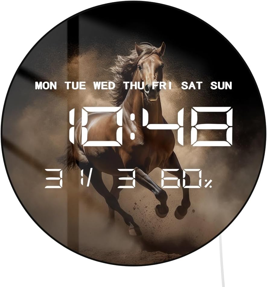 12 Inch Running Horse Digital Wall Clock Large Display, Western Horse Decor Electric Wall Clock Automatic Dimming, 12/24hr, Temperature, Date, USB Powered for Man Cave Bedroom Horses Lovers