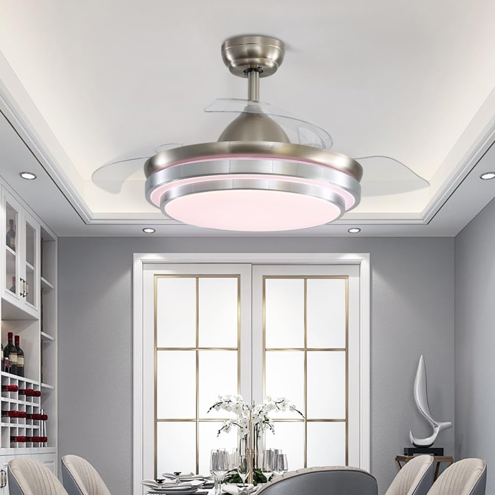 Warmiehomy 42 Inch Ceiling Fans with Lights and Remote, 36W Modern LED Ceiling Fan with Retractable Invisible Blades, Ceiling Fan Lamps with 3 Colors for Living Room Dining Room