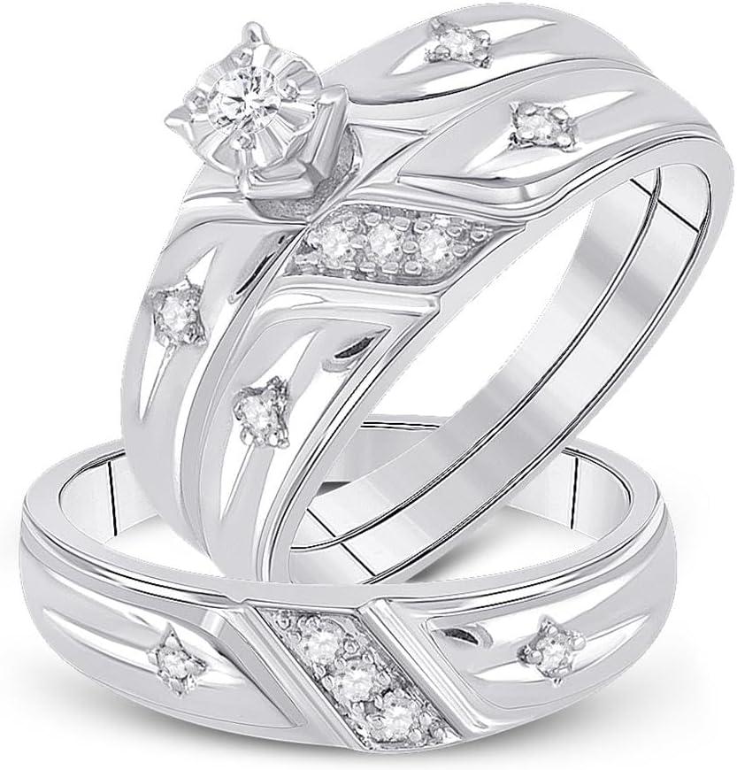 His and Hers Bridal Womens and Mens Engagment and Wedding Band Complete Trio Matching Wedding Rings Set 925 Sterling Silver Round Diamond Cross 1/5 Cttw