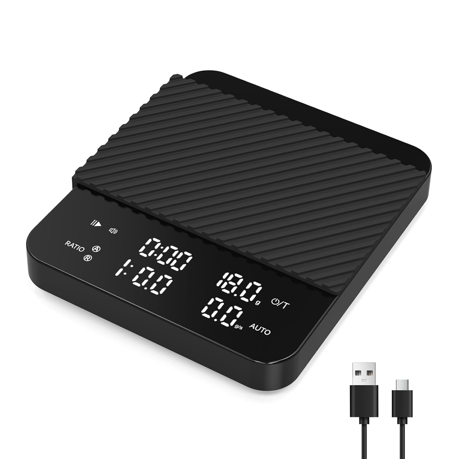 Coffee Scale with Timer, Rechargeable Digital Scale, Ratios & Flow Rate Display, 2kg/0.1g Accurate Scale，Barista-Grade for Pour-Over, Espresso, French Press, Black