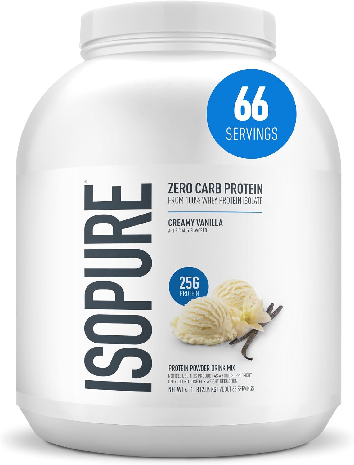 Isopure Zero Carb 100% Pure Whey Isolate Protein Powder, Gluten Free, With Vitamins, Creamy Vanilla, 25g Protein Per Serving, 4.5 Lbs, 66 Servings (Packaging May Vary)