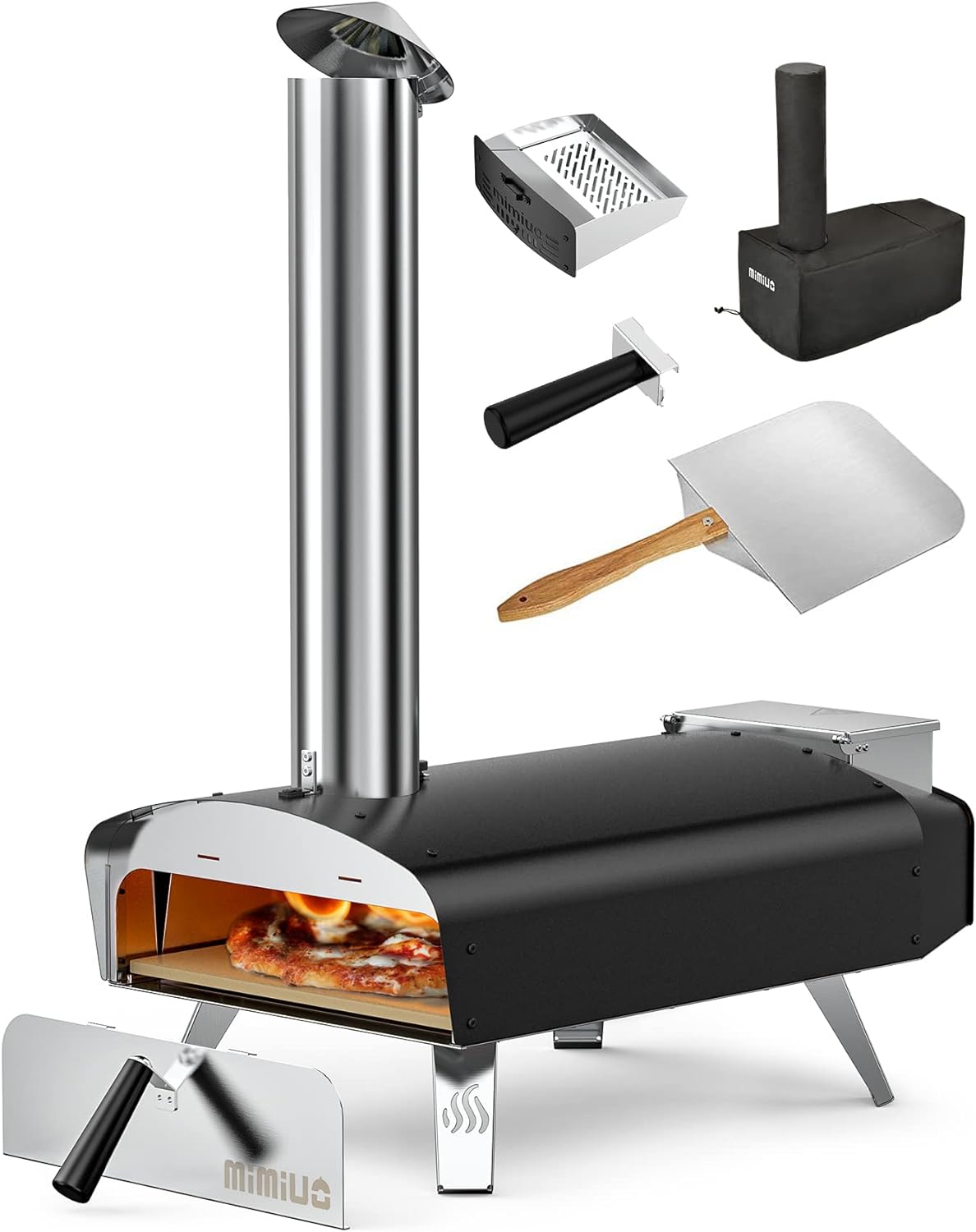 Mimiuo Outdoor Wood & Pellet Fired Pizza Oven for Garden, Black Coated Classic W-Oven Series with Pizza Stone & Foldable Pizza Peel