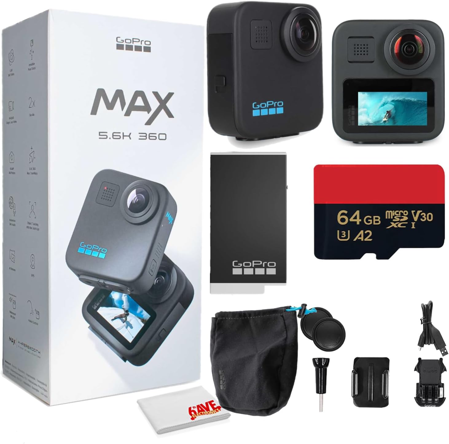 GoPro MAX 360 (2025) Action Camera Dual-Lens 5.6K 360 Video + Hero Mode with Cleaning Set + 64GB Memory Card and More
