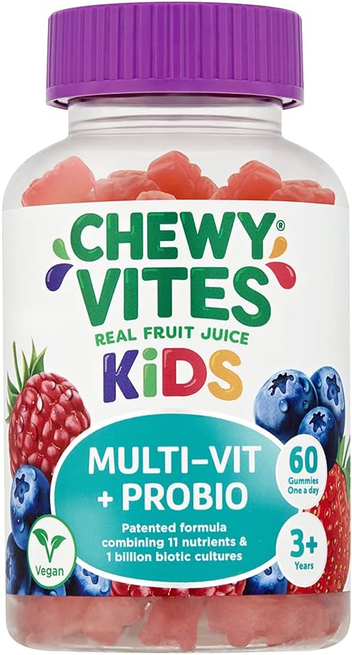 Chewy Vites Kids Multi-Vit + Probio, 60 Kids Vitamins Gummies, 11 Essential Nutrients, Probiotics for Children, 2 Months Supply, Real Fruit Juice, Vegan, Age 3 +, Blueberry and Raspberry Flavour