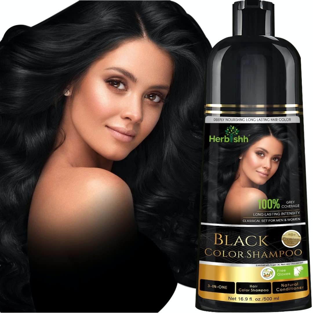 Herbishh Hair Color Shampoo for Gray Hair – Natural Hair Dye Shampoo – Colors Hair in Minutes – Lasts Up To 3-4 Weeks – 500ML – 3-In-1 Hair Color – Colors, Cleanses, and Conditions (Black)