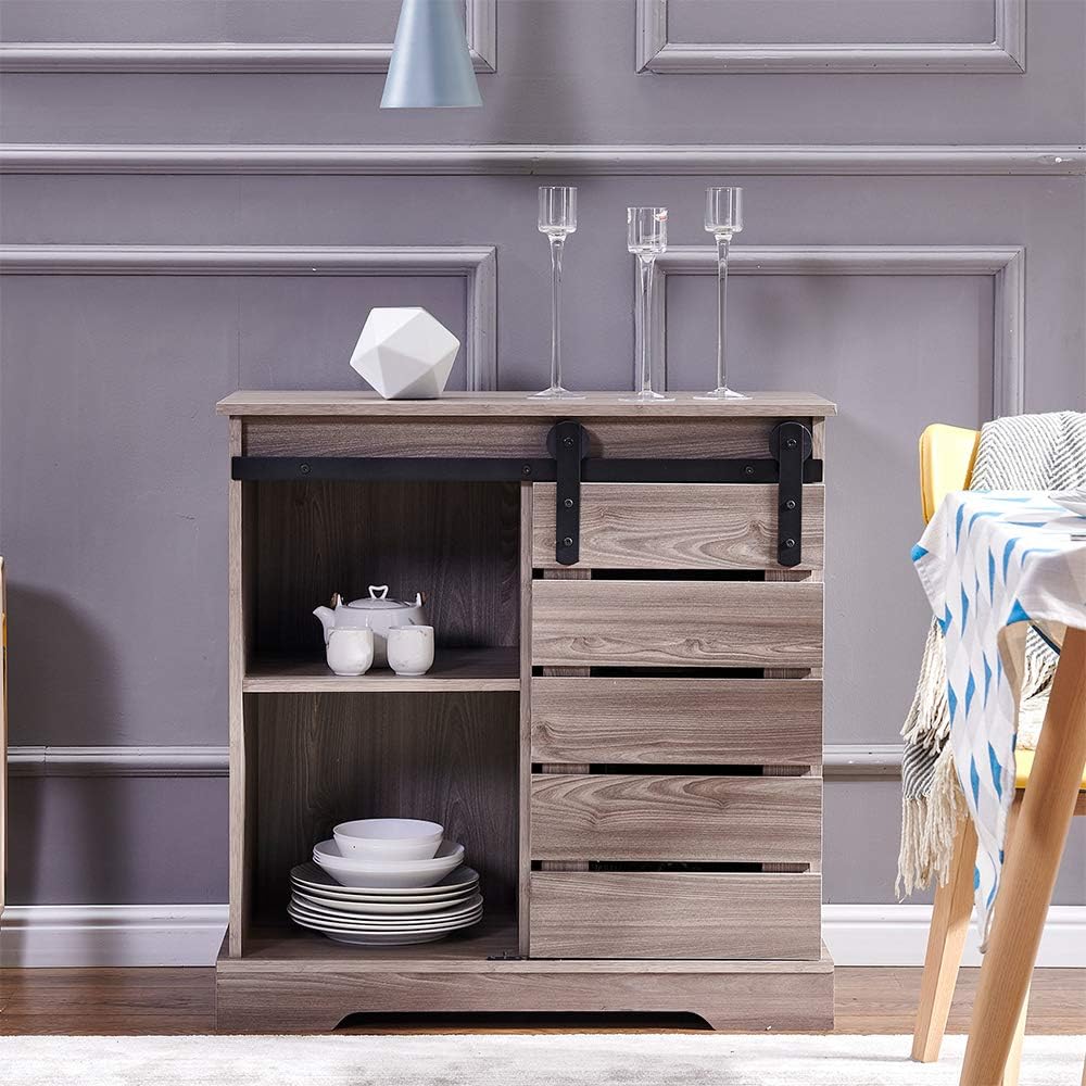 Barn Door Storage Cabinet, Farmhouse Sliding Barn Door Wood Accent Chest Kitchen Buffet Cabinet with Adjustable Shelves for Entryway Bar Home Office