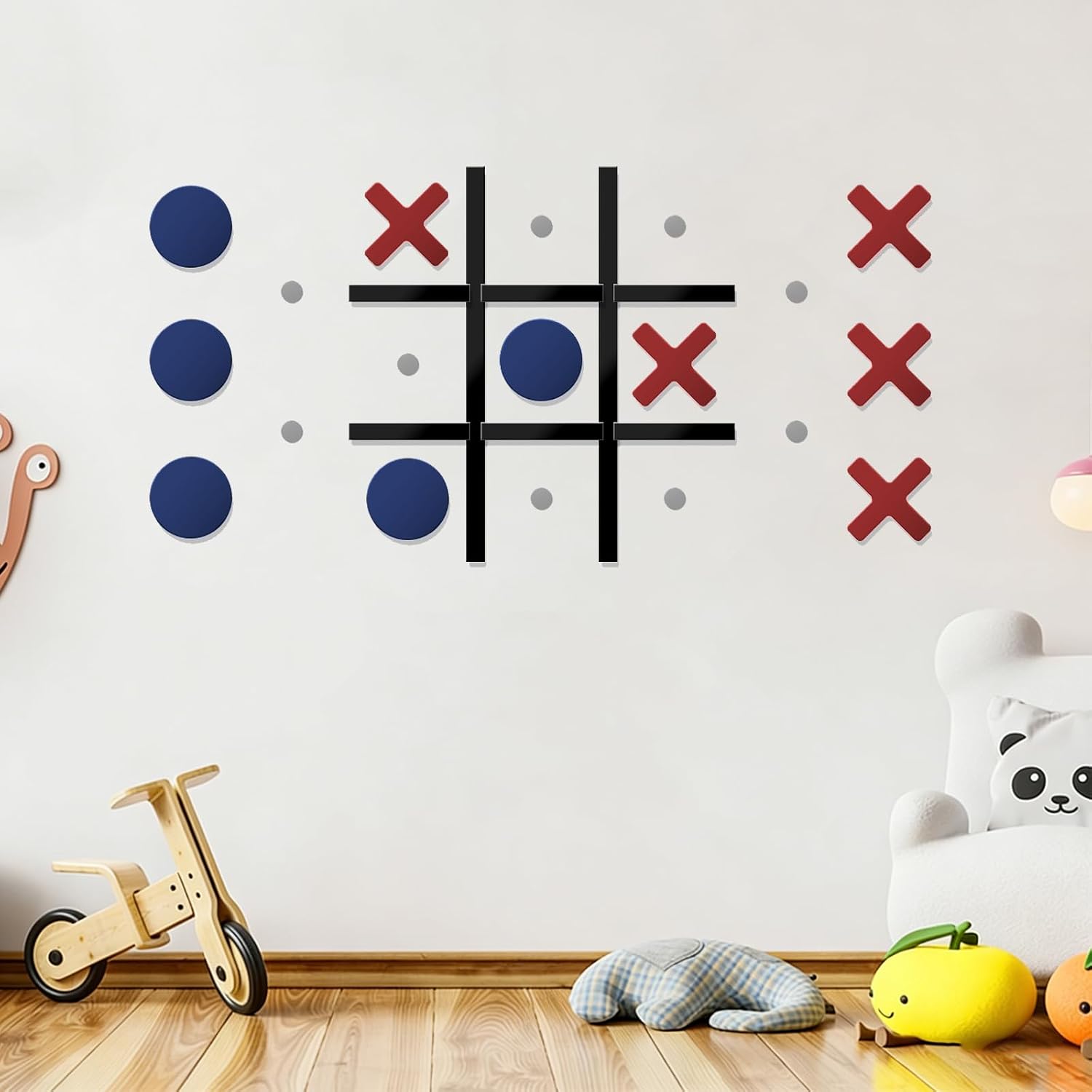 Magnetic Tic Tac Toe Wall-Mount Game, Modern Magnetic Home Wall Decor for Kids Room, Classroom, Playroom, Hallway, Office, Best Gift for Family, Friends with Stickers (Red & Blue)