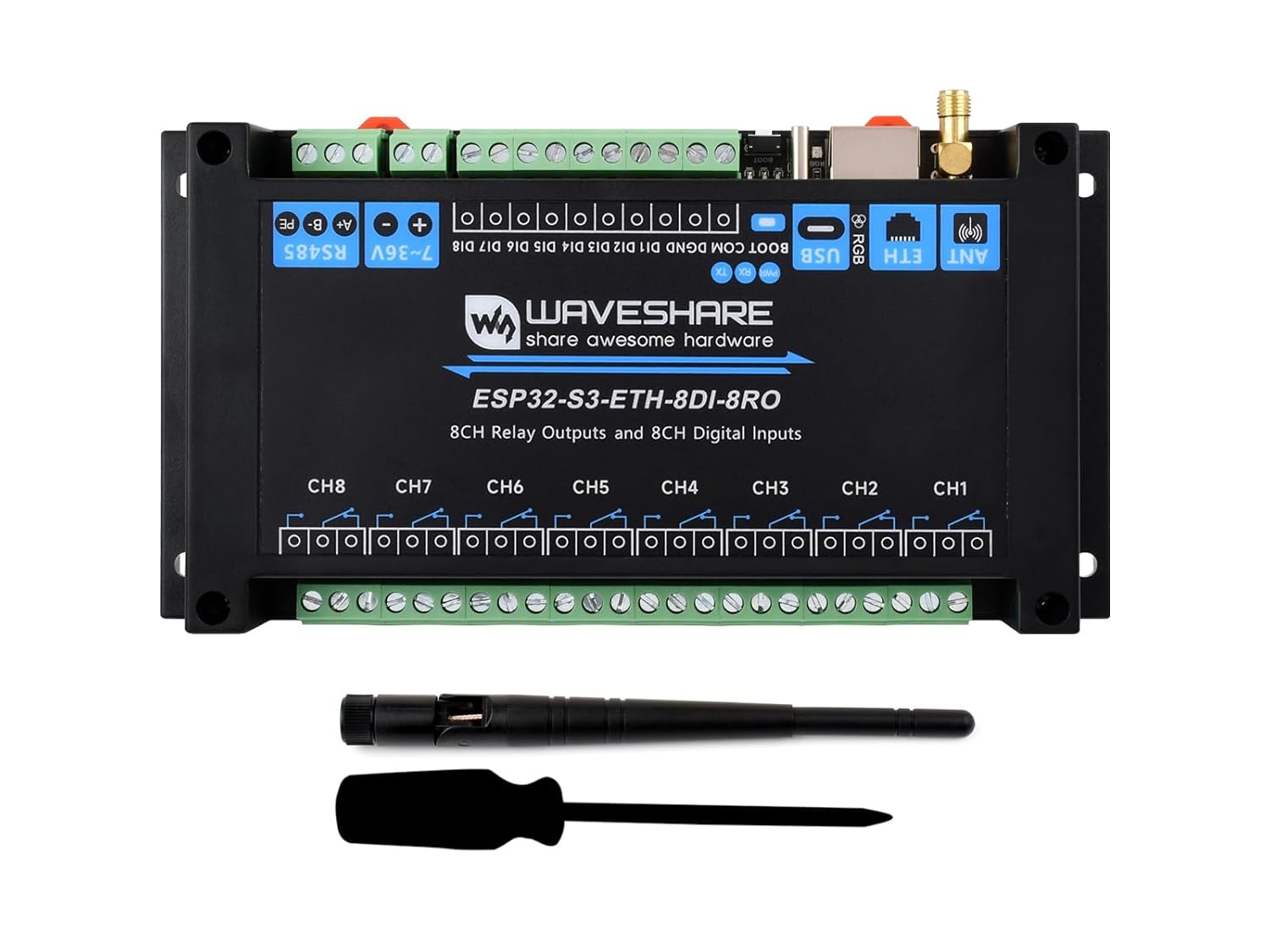 Industrial 8-Ch ESP32-S3 WiFi Relay Module, Onboard RS485, Digital Input, Relay, Ethernet Port and Multiple Isolation Protection Circuits, Supports RS485 and Bluetooth/WIFi Remote Control