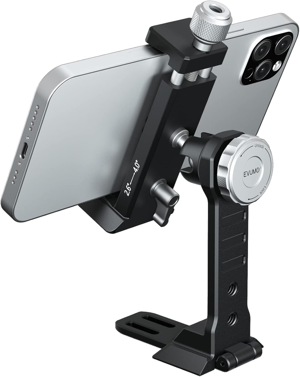 EVUMO Metal phone Tripod Mount, 360° Rotating Phone Holder With Cold Shoe Mount, 6.6cm-10.2cm Extension, Desktop Tripod Phone Mount For Cell Phone, Video Live Streaming, Vlog