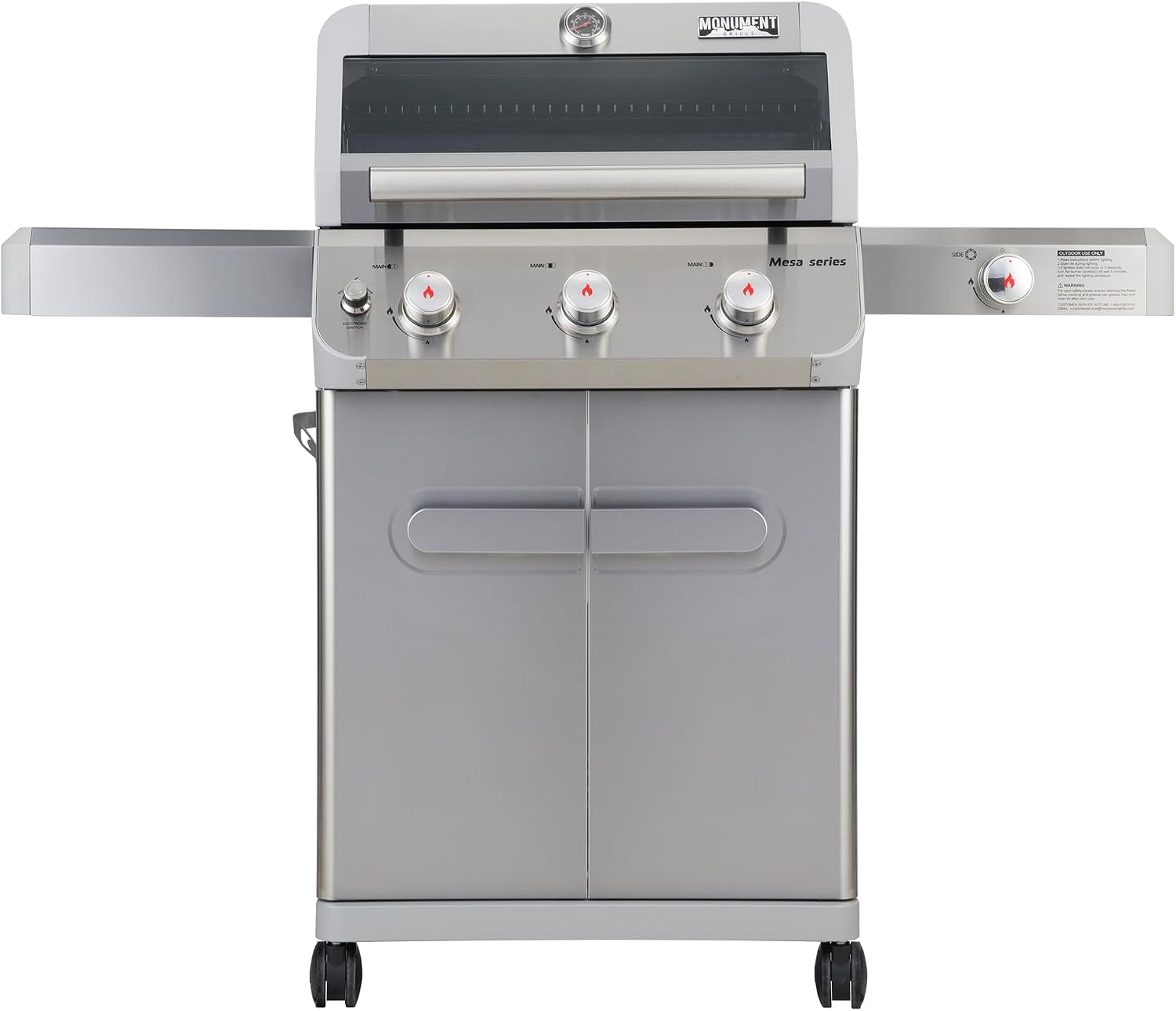 Monument Grills Outdoor Barbecue Stainless Steel 3 Burner Propane Gas Grill, 48,000 BTU Patio Garden Grill with Side Burner and Knob Controls, Mesa305