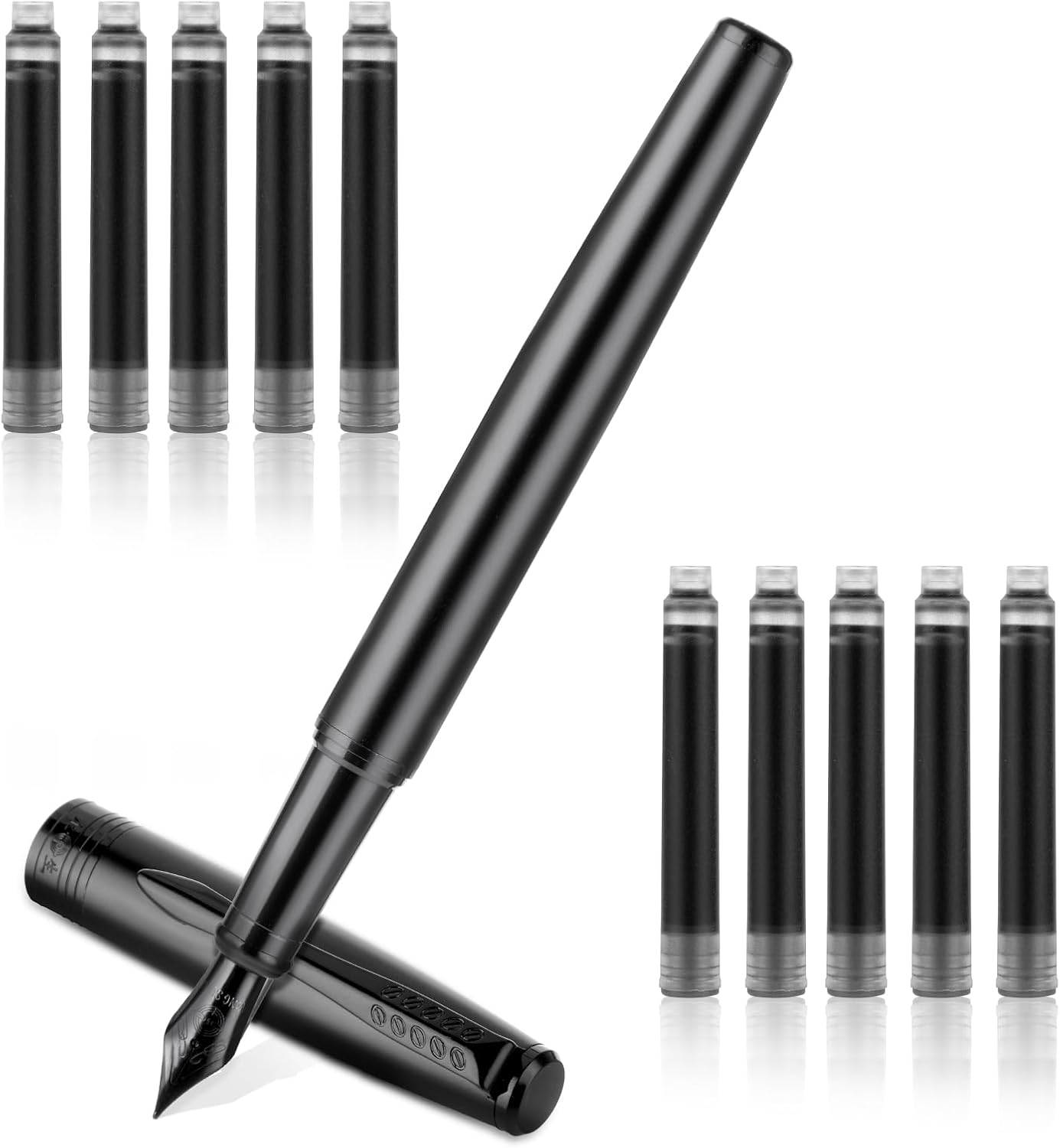 cobee Black Metal Fountain Pen, Fine Nib Fountain Pen with 10 2.6mm Black Ink Cartridges Luxury Fountain Pens 0.5mm Smooth Writing Pen Gift for Calligraphy Office Business Supplies