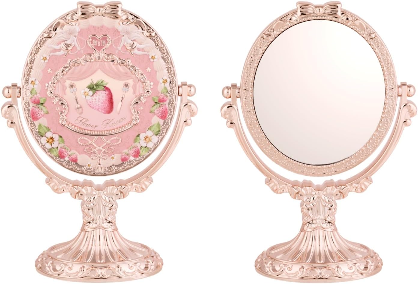 Flower Knows Anniversary Vanity Mirror, Strawberry Pink Rococo-Inspired Tabletop Makup Mirror with 360° Rotation & Stable Metal Base, Vanity Decor Gift