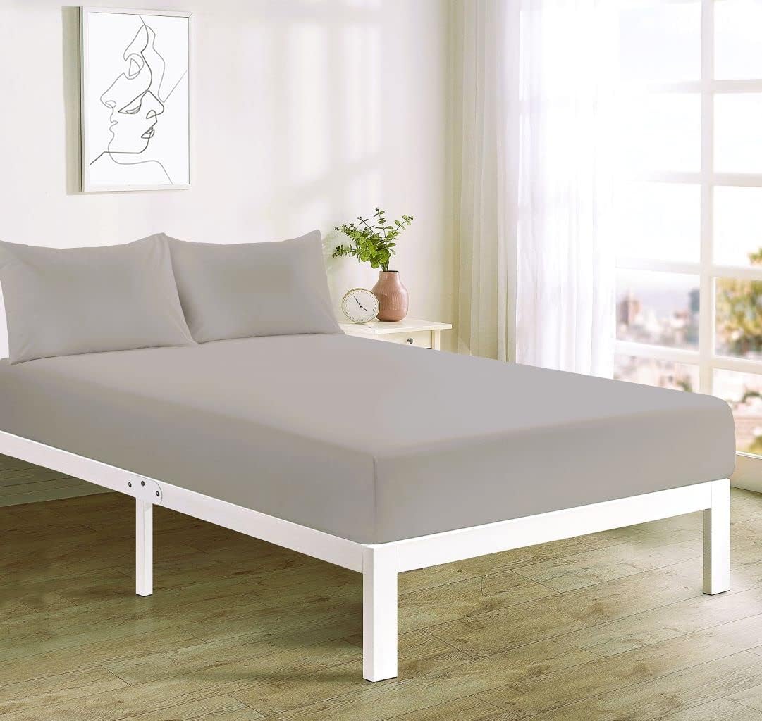 Fitted Bed Sheet With FREE MATCHING 2 X PILLOW CASES Poly Cotton Percale Easy Care Plain Dyed Bed Sheet Silver King