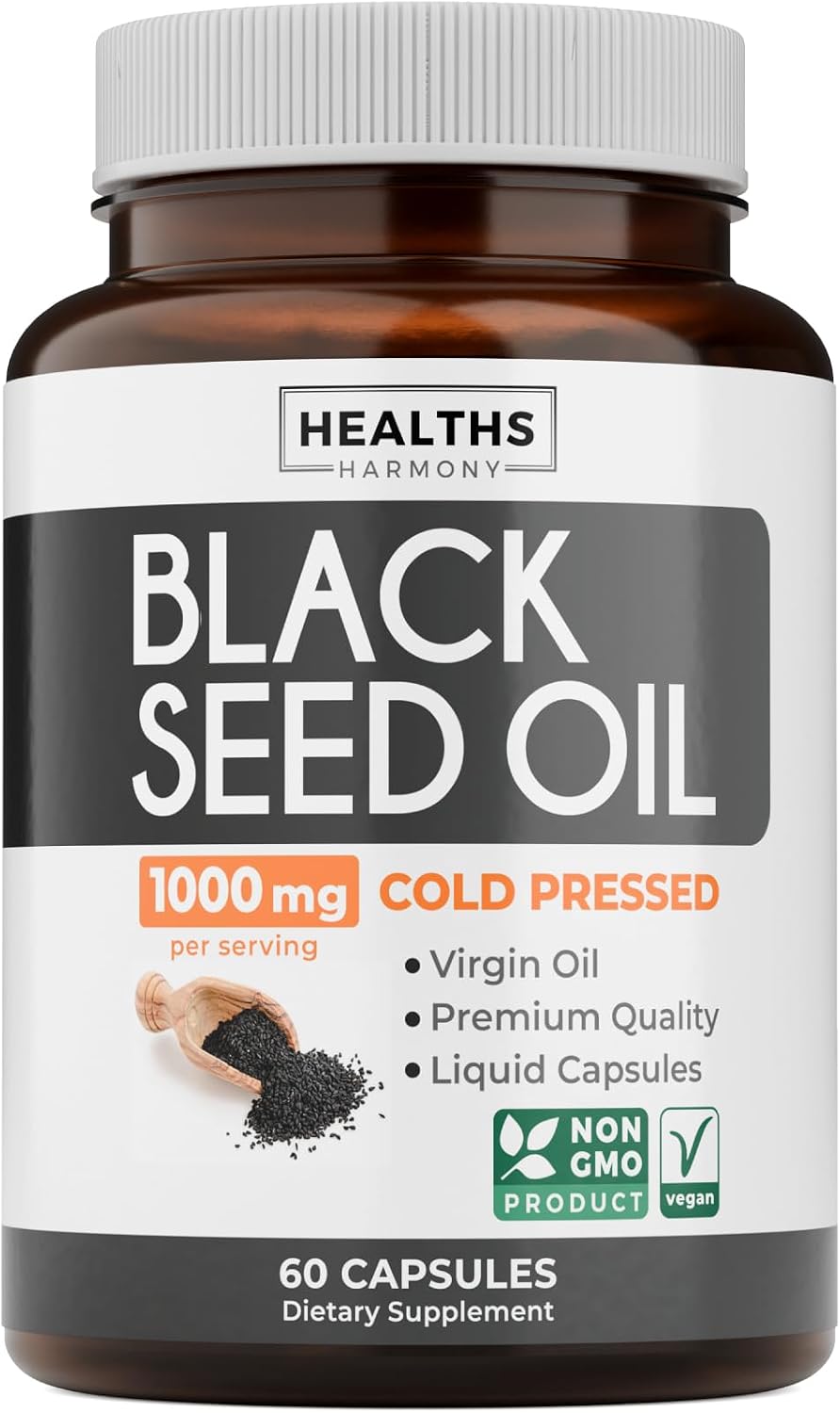 Black Seed Oil - 60 Softgel Capsules (Non-GMO & Vegan) Premium Cold-Pressed Nigella Sativa Producing Pure Black Cumin Seed Oil with Vitamin E - 500mg Each, 1000mg Per 2 Capsule Serving