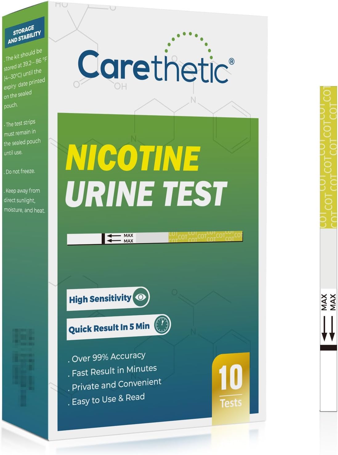 Nicotine Test Kit - Cotinine Urine Test Strips, 200 ng/mL Sensitivity, Over 99% Accurate, 10 Pack - Home Use