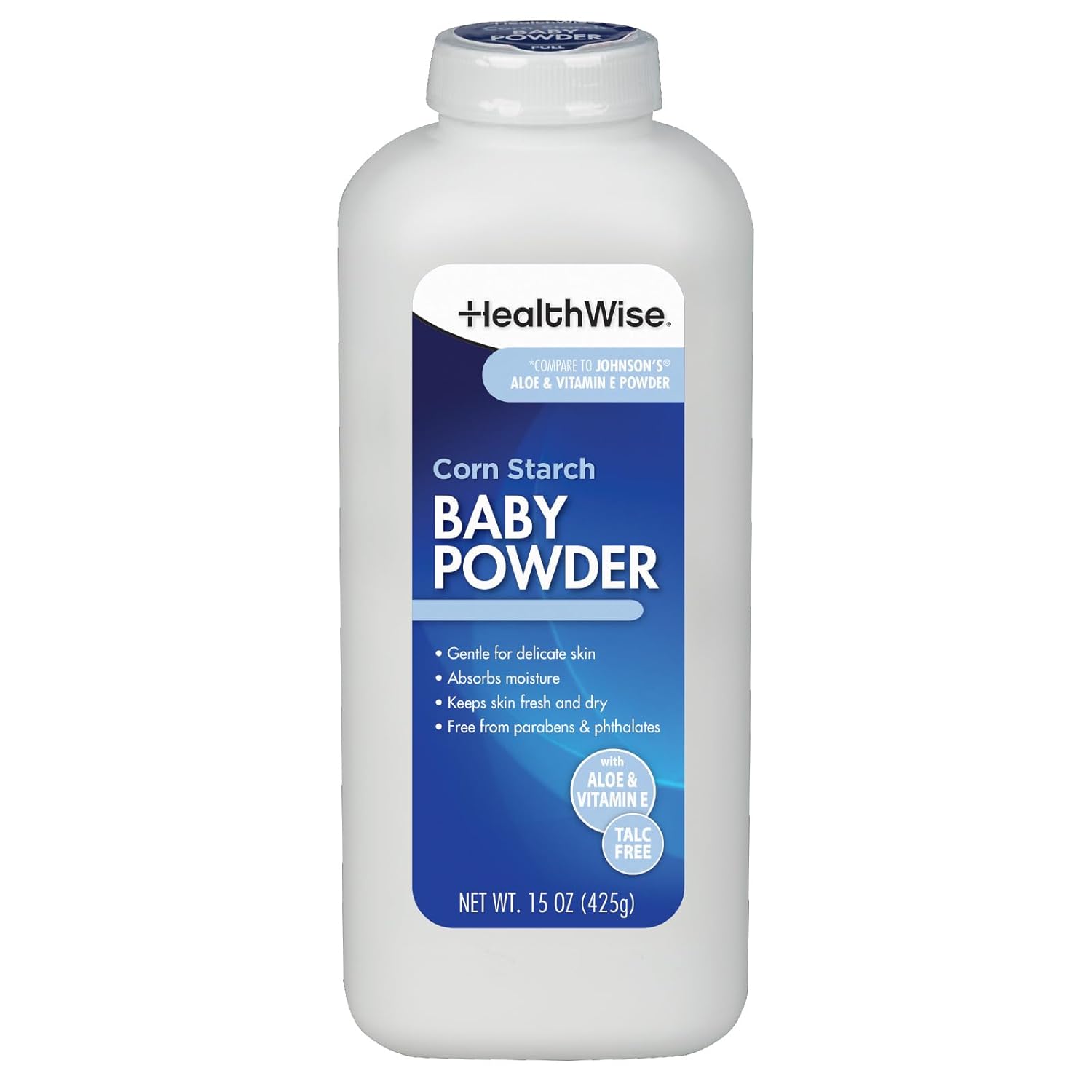 HealthWise Corn Starch Baby Powder | Aloe + Vitamin E | Talc Free | Paraben & Phthalate Free | Absorbs Moisture | 15 oz (425g)