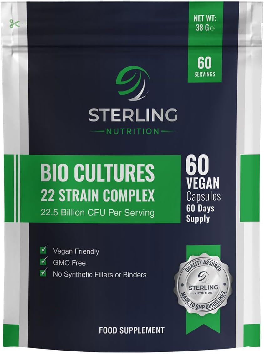 Bio Cultures Complex - Vegan Probiotic for Adults, Pack of 60 Capsules | Digestive Enzyme Supplements for Gut Health | 22.5 Billion CFU & 22 Live Bacteria Strains | STERLING NUTRITION