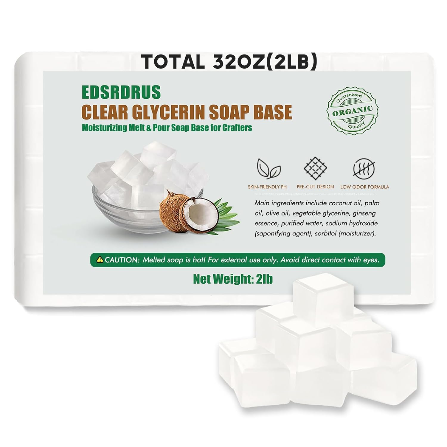 EDSRDRUS 2LB Unscented Glycerin Soap Base DIY Handmade Soap Moisturizing Melt and Pour Soap Base for Crafting, Vegetable Glycerin & Coconut Oil, Easy to Cut (Transparent, 2LB)