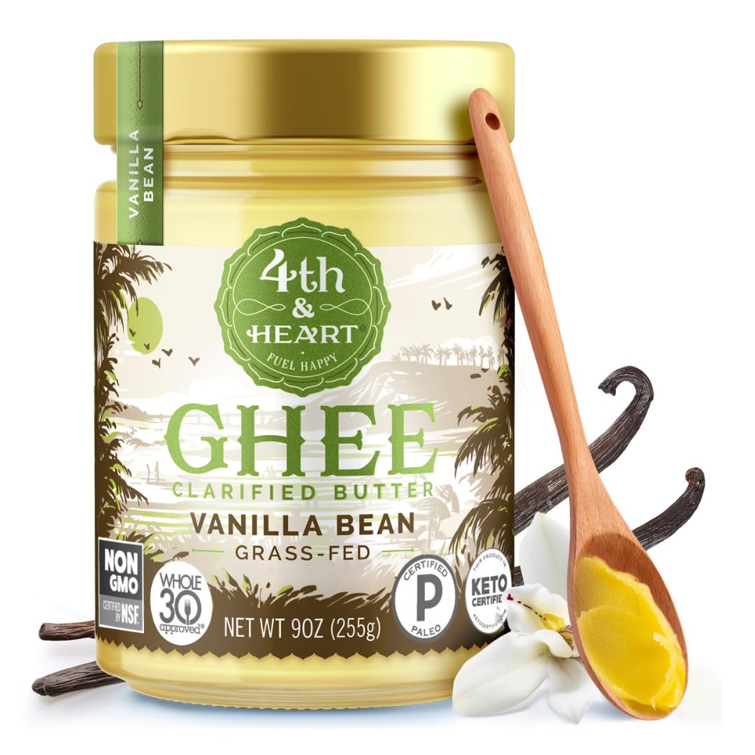 4th & Heart Vanilla Bean Grass-Fed Ghee, Clarified Butter, 100% Butter Fat, Pasture-Raised, Lactose & Casein Free, High Smoke Point Cooking Oil, Keto & Paleo Friendly, 9 oz