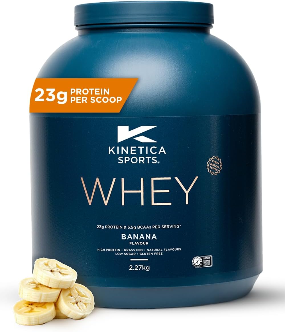 Kinetica Sports Whey Protein Powder - Banana, 2.27 Kg, 76 Servings | 23g Protein, 5.5g BCAA Amino Acid & 4.32g Glutamine | Recovery Shake for Optimum Nutrition | WADA & Informed Sport Approved
