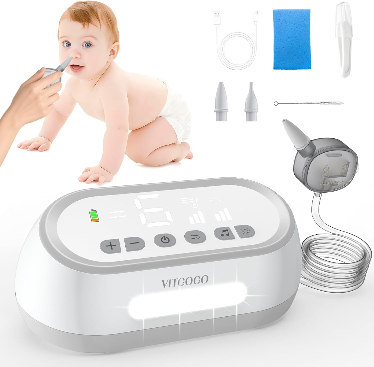 Nasal Aspirator Baby,VITCOCO Rechargeable Night Light and Lullaby Soothing Function Nose Suckers, Equipped with 6 Adjustable Suction Levels, Led Lighting, Two Silicone Suction Head Nasal Aspirator