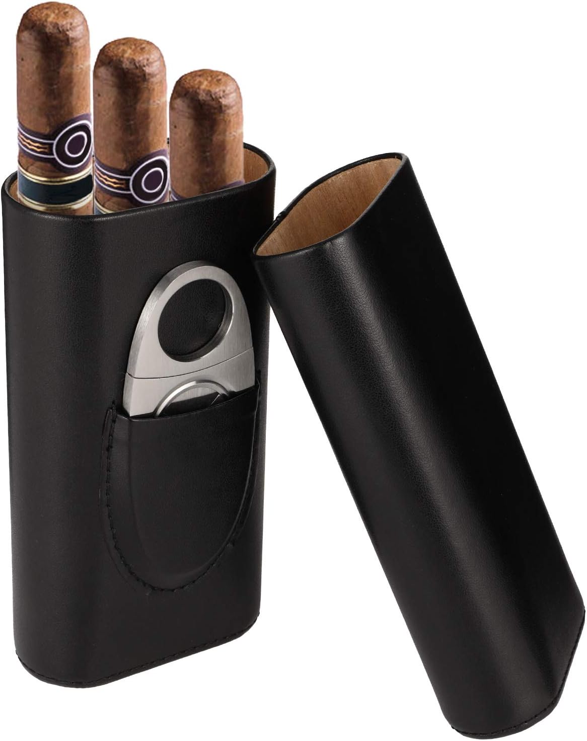 Xinzistar 3 Tubes Cigar Case Humidor Cigar Box with Stainless Steel Cigar Cutter, Leather Humidors with Cedar Wood Lining Cigar Holder Storage Accessories for Travel Outdoor (Black)