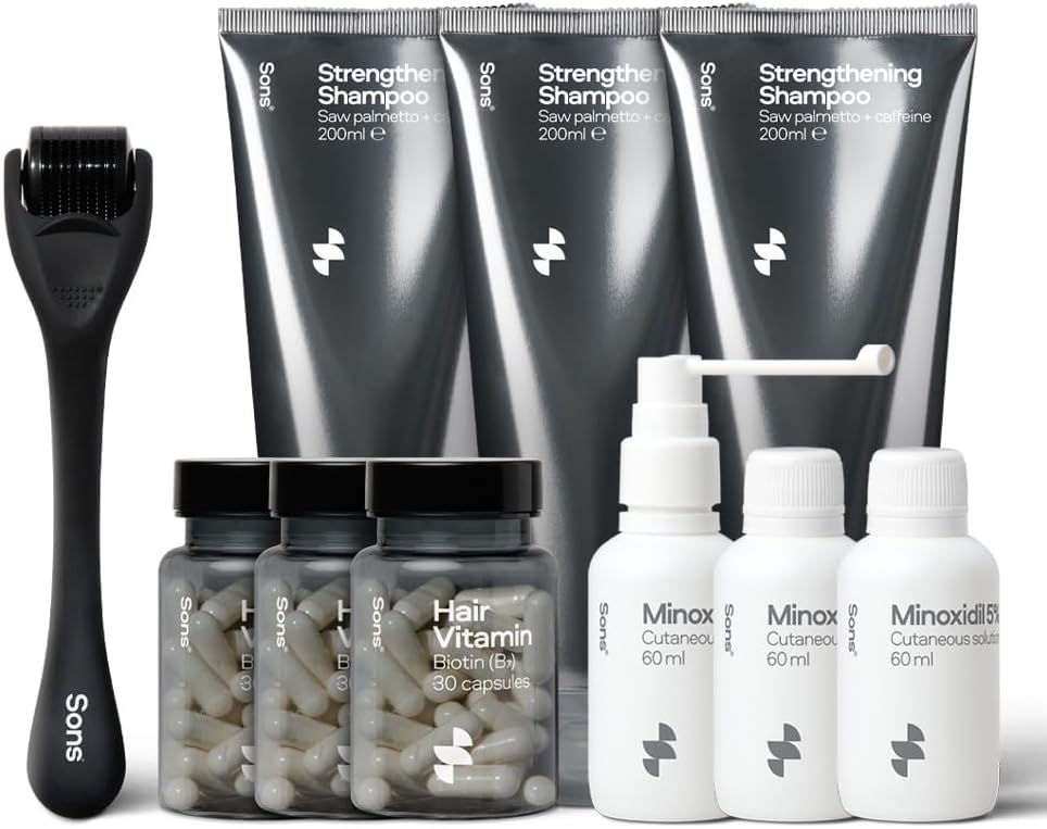 Sons Complete Hair Loss Treatment for Men. Minoxidil 5% Hair Regrowth Treatment, Vegan Biotin for Hair, Skin & Nails, Hair Growth Shampoo, Microneedling Derma Roller. 3 Month Supply. Made in Europe.