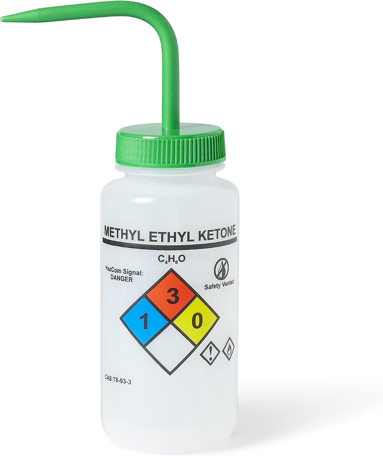 United Scientific™ UniSafe™ Laboratory Grade Wide Mouth LDPE Vented Chemical Wash Bottle, Methyl Ethyl Ketone, 500mL (16oz), 4-Color, Pack of 6