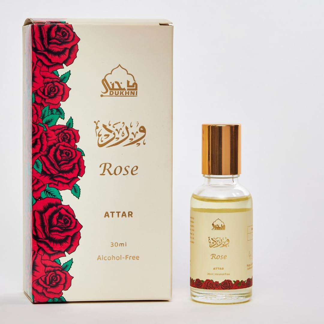 Rose Attar Oil by Dukhni | Arabic perfume oils for men and women | 30ml Pure roll on perfume, floral, oud oil, rose attar | Eid, Ramadan, Umrah Gifts, Vegan Islamic Fragrances