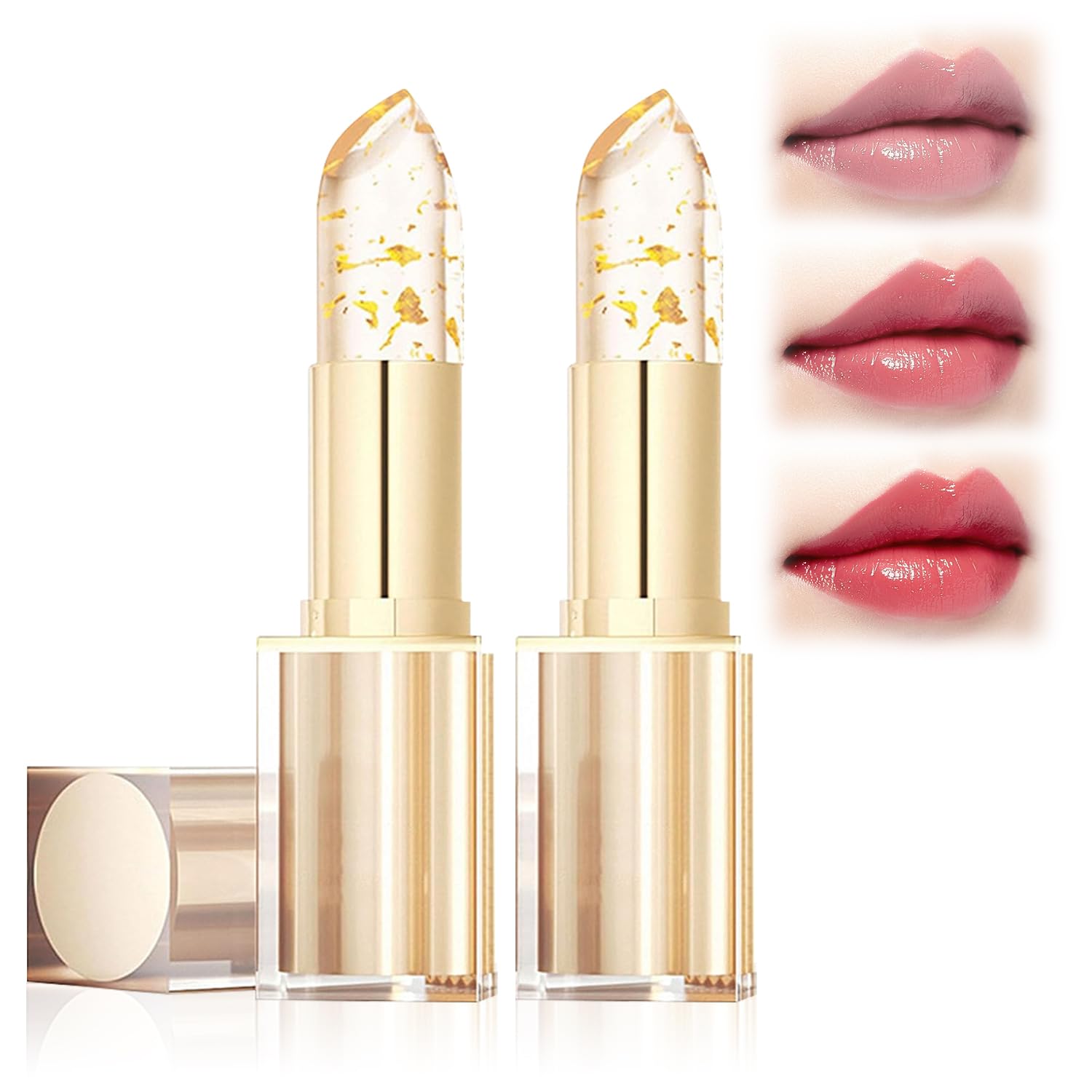 2Pcs Transferproof Color Changing Lipstick, Gold Crystal Color Changing Lipstick, Moisturizer Long Lasting Lip Balm for Women