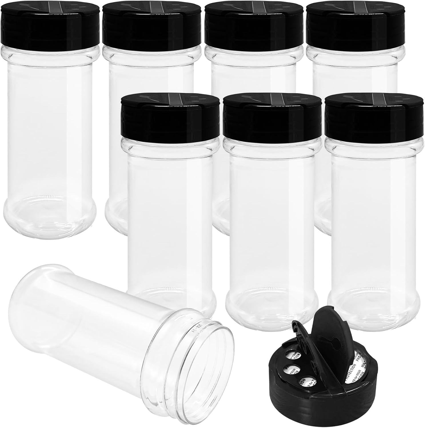 OJYUDD 8 Pack 5.5 Oz Plastic Round Spice Bottles with Black Shaker Lids,Reusable Seasoning Containers Jars,Clear Plastic Bottle Containers with Shaker Lids for Powders,Spice,Herbs,Glitters