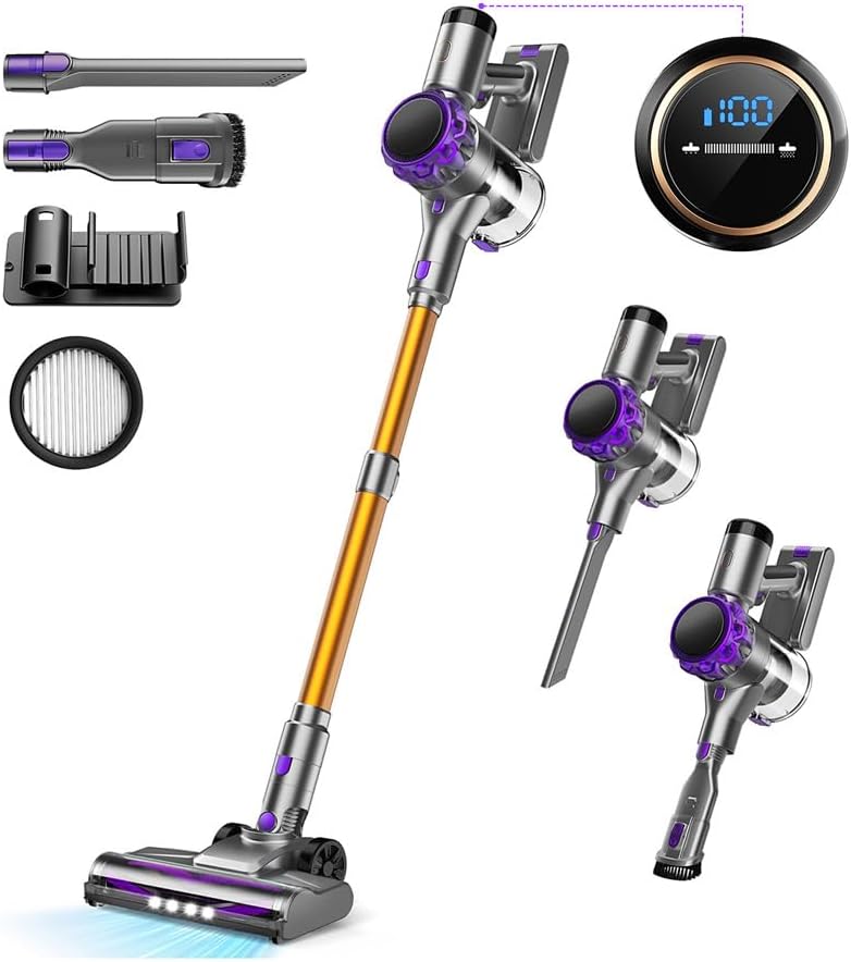 S3 Cordless Vacuum Cleaner, 45kPa Powerful Suction Vacuum Cleaners for Home, 55-Min Runtime Rechargeable Stick Vacuum, Self-Standing, for Pet Hair Carpet Hard Floor, LED Display