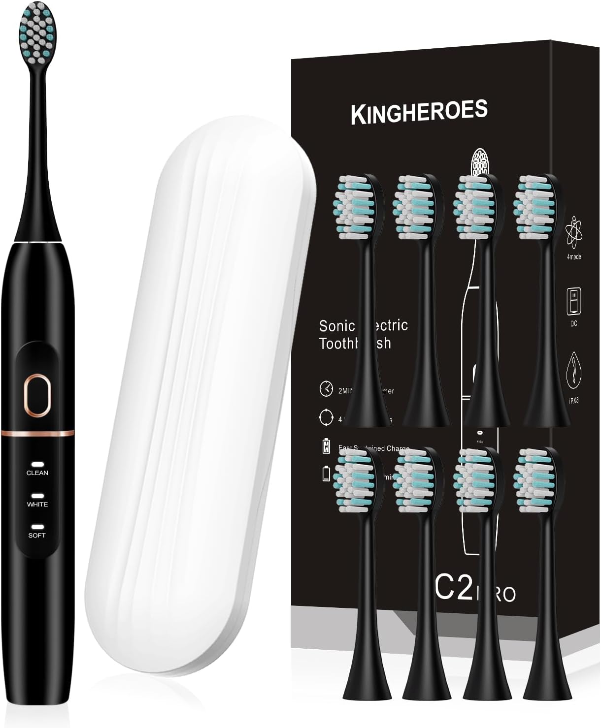 kingheroes Electric Toothbrush Set, Comes with 8 Brush Heads and Travel Case, 4 Modes with Built-in 2 Minute Smart Timer, 60 Days Charge, 42 Motor