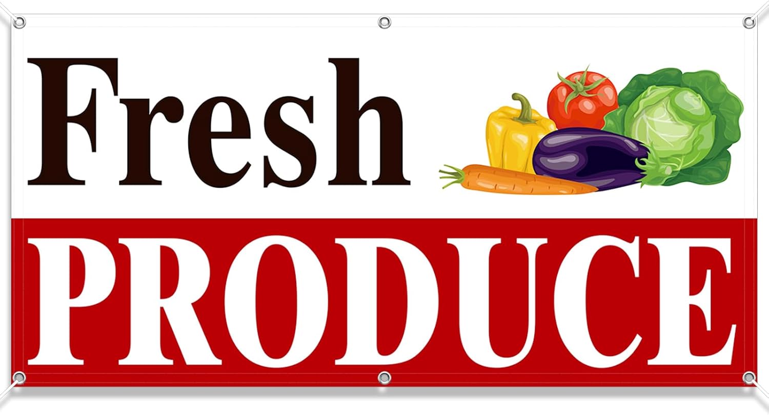 Tudomro 2x4 Feet Fresh Produce Banner Sign Fabric Polyester with Grommets Fresh Produce Advertising Farmers Market Sign for Vegetable Business Outdoors