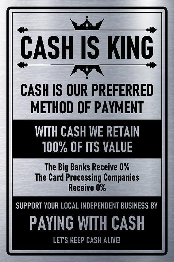 Cash is king, cash is our preferred method of payment aluminium effect sign - Self adhesive sticker (200mm x 150mm)