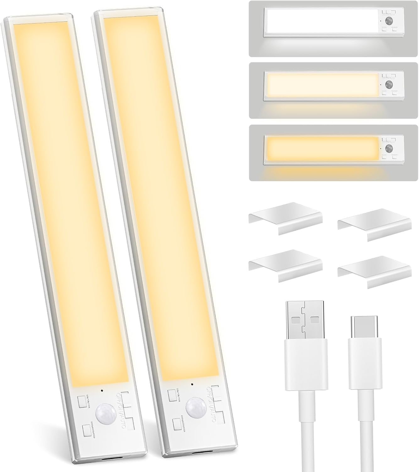 Under Cabinet Lights 2 Pack 8 inch Rechargeable Battery Operated Motion Sensor Light Indoor USB Charging Closet Lights Battery Operated with 3 Color Temps for Kitchen, Stairs, Home