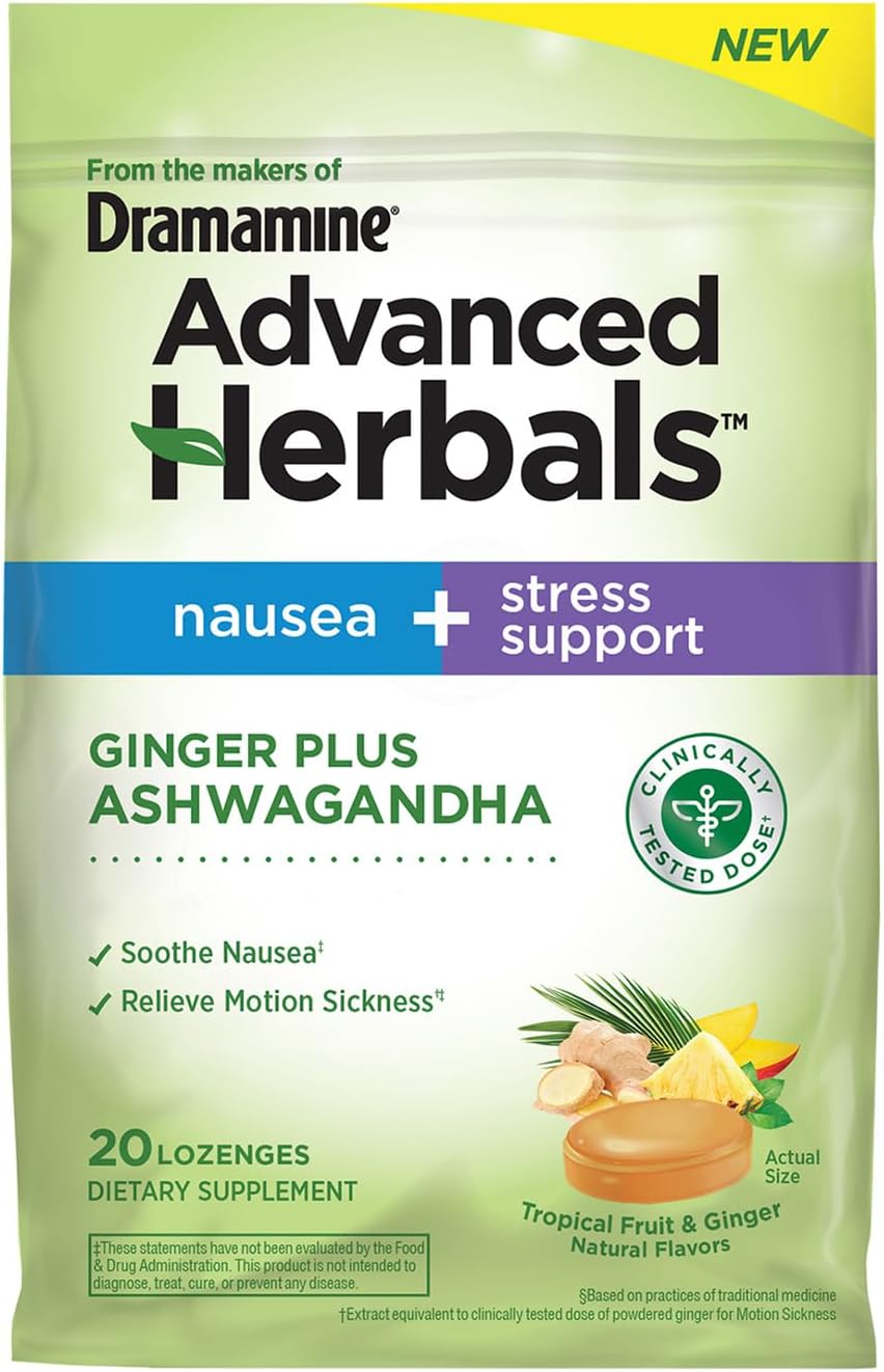 From the Makers of Dramamine, Advanced Herbals, Nausea and Stress Support with Ginger and Ashwagandha, Tropical Fruit and Ginger Flavored Lozenges, 20 Ct